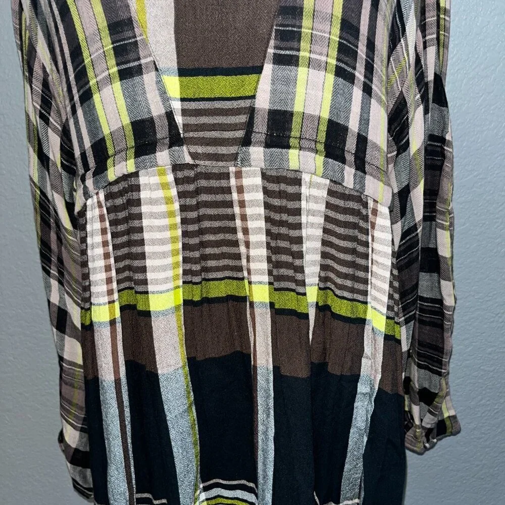 FREE PEOPLE Falling Stars Oversized Babydoll Plaid Mini Dress w/Tie Wrists - XS